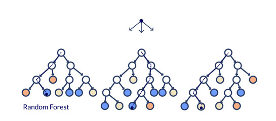 Rrandom forest, scheme of work. Machine learning technique that's used to solve regression and classification problems.