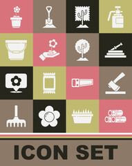 Set Wooden logs, axe, Garden hose or fire hose, Tree, Hand holding flower, Bucket, Flower pot and icon. Vector