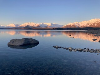 Lake Tekapo with snow capped mountains