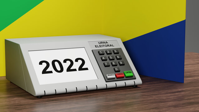 Renderiza&ccedil;&atilde;o 3D de urna eletr&ocirc;nica em cabine eleitoral com cores da bandeira do brasil, com tela com o n&uacute;mero 2022 e escritas dizendo em portugu&ecirc;s: "branco", "corrige", "confirma" e "urna eleitoral"
