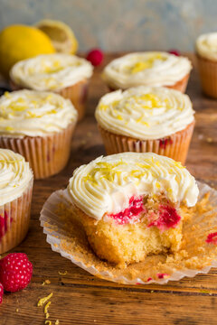 Lemon and raspberry muffins  in muffin cases