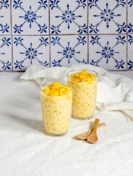 Thai coconut mango sago pudding, tapioca pudding