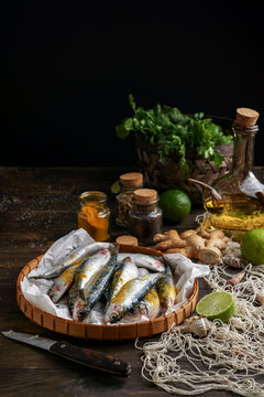 fresh fish and spices for curry preparation. Indian oriental cuisine