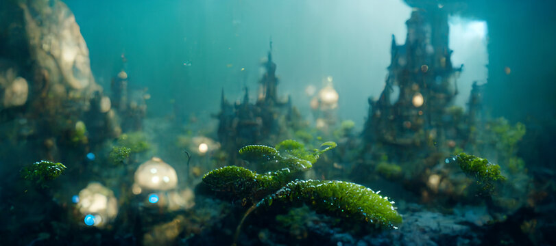 great elvish city under deep water sea creatures forest Digital Art Illustration Painting Hyper Realistic