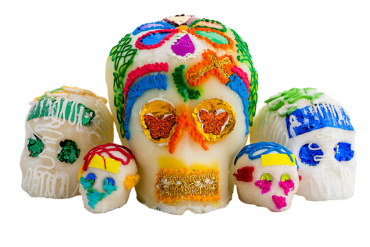 Day of the dead decorated skulls set, sugar skull figurines isolated without background PNG.