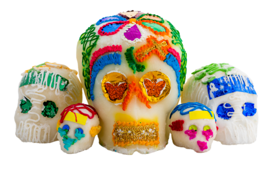 Day of the dead decorated skulls set, sugar skull figurines isolated without background PNG.