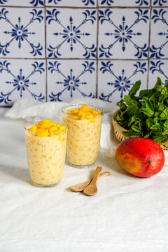 Thai coconut mango sago pudding - tapioca pudding