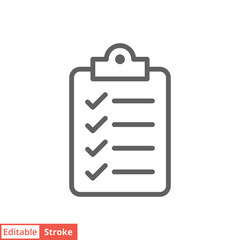 Clipboard checklist icon. Simple outline style. Document with checkmark, business agreement concept. Thin line vector illustration isolated on white background. Editable stroke EPS 10.