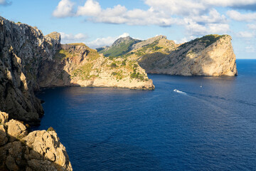 View over mountain area from Cap de Formentor in Mallorca, Spain. Selective focus.