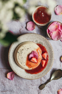 Rose panna cotta with strawberry rhubarb compote