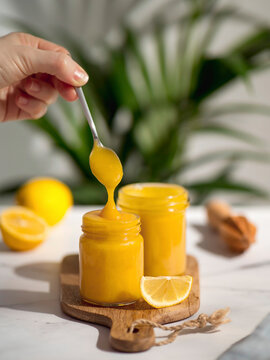 Homemade lemon curd in jar, vertical