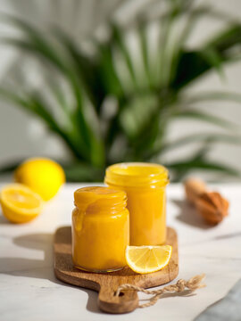 Homemade lemon curd in jar, vertical