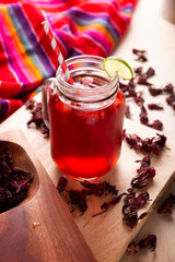 Agua de jamaica. Ibiscus tea made as an infusion from roselle flower (Hibiscus sabdariffa). Can be consumed both hot and cold. Very popular drink in Mexico and many other countries.