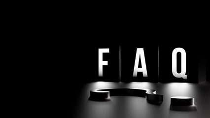 FAQ concept with copy space.FAQ black isolated.FAQ white neon and metallic question mark,symbol.3D render.