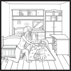 Dibujo para pintar de una niña siendo alistada por su madre para llevarla a la escuela.
