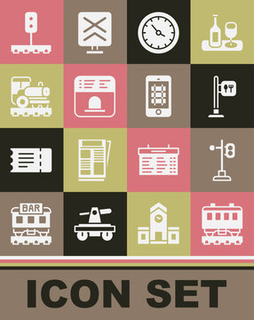 Set Passenger train cars, Train traffic light, Cafe and restaurant location, station clock, Ticket office to buy tickets, Vintage locomotive, and Buy online icon. Vector