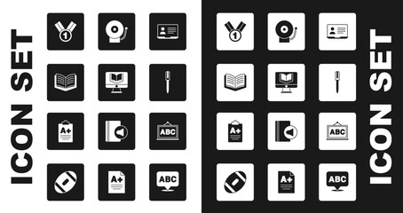 Set Online class, Open book, Medal, Pen, Ringing alarm bell, Chalkboard and Exam sheet with A plus grade icon. Vector