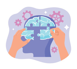 Mental health concept. Hands collect puzzles in abstract silhouette of head. Logical and creative process, decision making metaphor. Psychology, help and support. Cartoon flat vector illustration