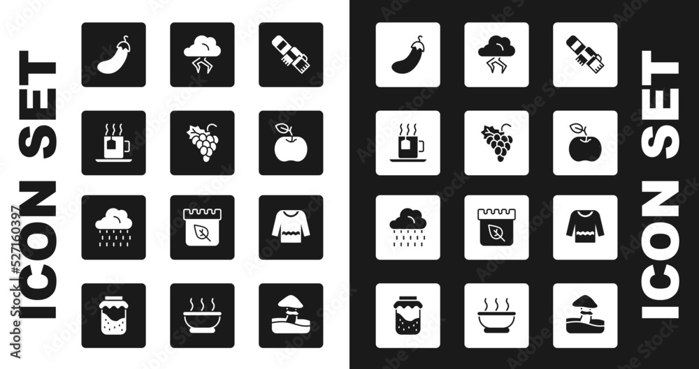 Wall mural Set Winter scarf, Grape fruit, Cup of tea with tea bag, Eggplant, Apple, Storm, Sweater and Cloud rain icon. Vector