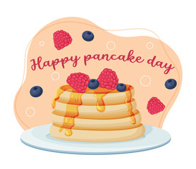 Pancake with berries. Dessert in cafe or restaurant, pastries and sweets. Dish in Bakery. Greeting or invitation card. Cakes with syrup, raspberries and blueberries. Cartoon flat vector illustration