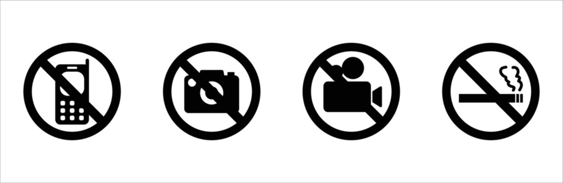 No photos, non smoking area, no video and no phones forbidden sign, icon, symbol, vector, vector illustration