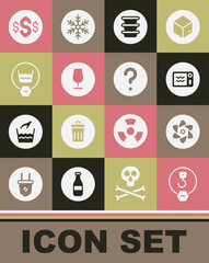 Set Industrial hook, Test tube and flask, Microwave oven, Bowl, Fragile broken glass, Delicate wash, Dollar symbol and Unknown search icon. Vector