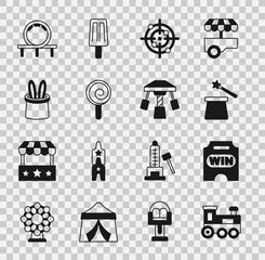 Set Toy train, Circus ticket, Magic hat and wand, Target sport, Lollipop, Magician rabbit ears, Roller coaster and Attraction carousel icon. Vector