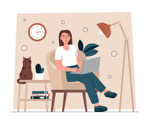 Young woman working. Girl sitting at laptop. Freelancer completes order. Earnings on Internet and modern technologies. Remote worker in home, comfortable workplace. Cartoon flat vector illustration