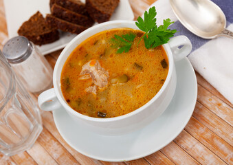 Traditional Russian soup rassolnik with beef meat. Russian cuisine