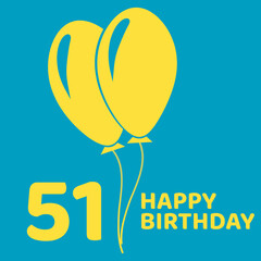 51 years logo. Square logo illustration with 51. Happy birthday text on turquoise background.  fifty-one  happy birthday. Yellow balloons symbolize celebration. Celebrating 51rd anniversary concept