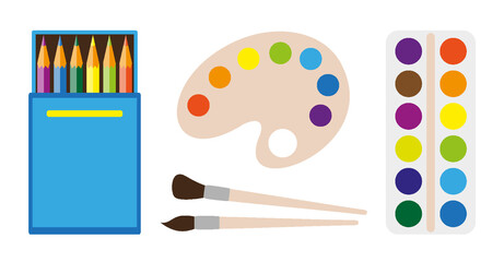 Color pencil paint brush artistic develop flat set. Children toy active game bright color drawing gouache watercolor palette creative kid development. Object school preschool hobby isolated