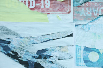 Different creased torn paper posters as background
