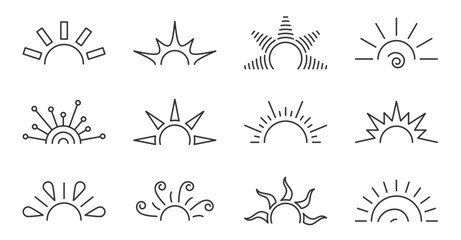 Half sun line icon set. Sunrise sunset logotype isolated on white Various shape sunshine star. Cartoon summer sunlight nature sky. Simple graphic solar circle sign. Sunny heat rays weather app symbol