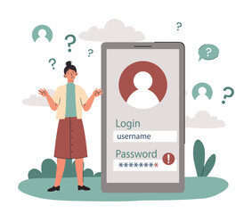 Woman forgot password. Girl stands and spreads her hands near smartphone. Problems with memory and authorization. User has lost access to account on internet. Cartoon flat vector illustration