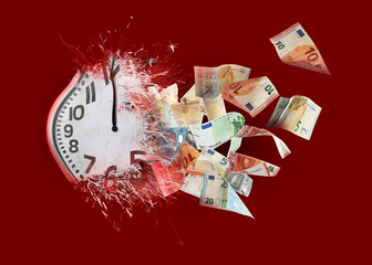 Time is money. Clock converting into euro banknotes on red background