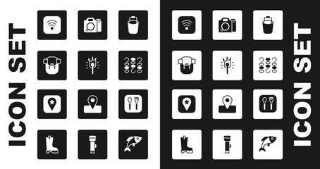 Set Bucket, Torch flame, Hiking backpack, Wi-Fi wireless internet, Grilled shish kebab on skewer, Photo camera, Fork and spoon and Location for camping icon. Vector