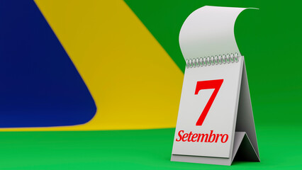 renderização 3d de calendário indicando o dia 7 de setembro, dia da independência do brasil, escrito 