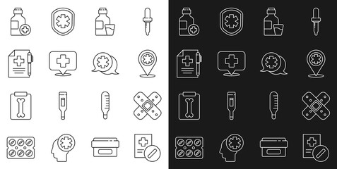 Set line Medical prescription, Crossed bandage plaster, Map pointer with cross hospital, Bottle of medicine syrup, pen, and Dialogue the doctor icon. Vector