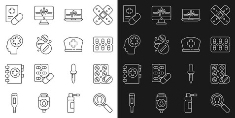 Set line Medical analysis, Pills in blister pack, Laptop with cardiogram, Medicine pill or tablet, Male head hospital, prescription and Nurse hat cross icon. Vector
