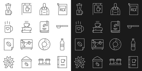 Set line Coffee book, Bottle water, filter holder, Barista, cup and, heart, Electric coffee grinder and icon. Vector