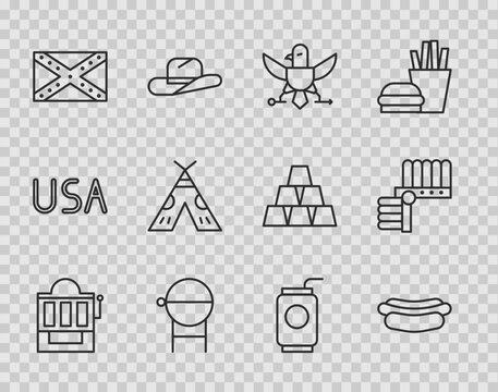 Set line Slot machine, Hotdog sandwich, Eagle, Barbecue grill, Flag Confederate, Indian teepee or wigwam, Soda can with straw and headdress feathers icon. Vector