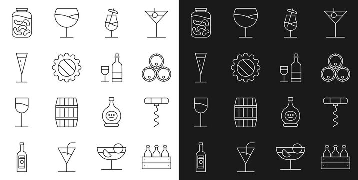 Set line Bottles of wine in a wooden box, Wine corkscrew, Wooden barrels, Cocktail, cap, Glass champagne, Pickled cucumbers jar and bottle with glass icon. Vector
