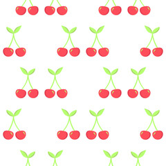 Summer seamless pattern with cherry with leaves. Sweet colorful red berries on white background. For wrapping paper, fabric, background design. Children clothes, pajamas textile 