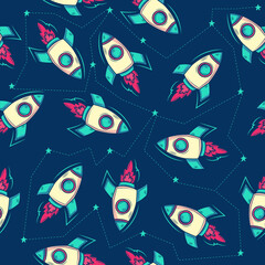 rocket, star and space seamless pattern background