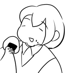 ふくよかな女性がおにぎりをおいしそうに食べるイラスト　モノクロ
