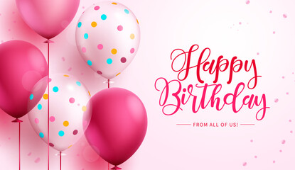 Birthday greeting text vector design. Happy birthday typography in empty space with pink balloon elements  for girl party card invitation background. Vector Illustration.