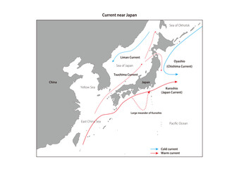 日本近海の海流図、黒潮、親潮、英語版