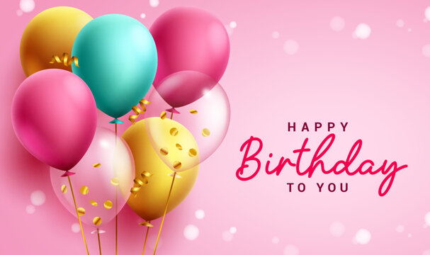 Happy birthday vector background design. Birthday text in pink space for message with colorful balloons for girl party banner decoration. Vector Illustration. 