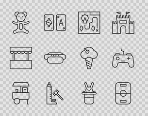 Set line Fast street food cart, Hockey table, Amusement park map, Striker attraction with hammer, Teddy bear plush toy, Hotdog, Magician hat and rabbit and Gamepad icon. Vector