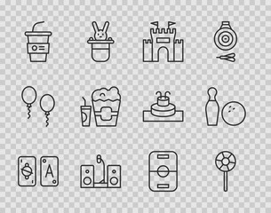 Set line Tarot cards, Lollipop, Castle, Home stereo with two speakers, Paper glass water, Popcorn in box and, Hockey table and Bowling pin ball icon. Vector